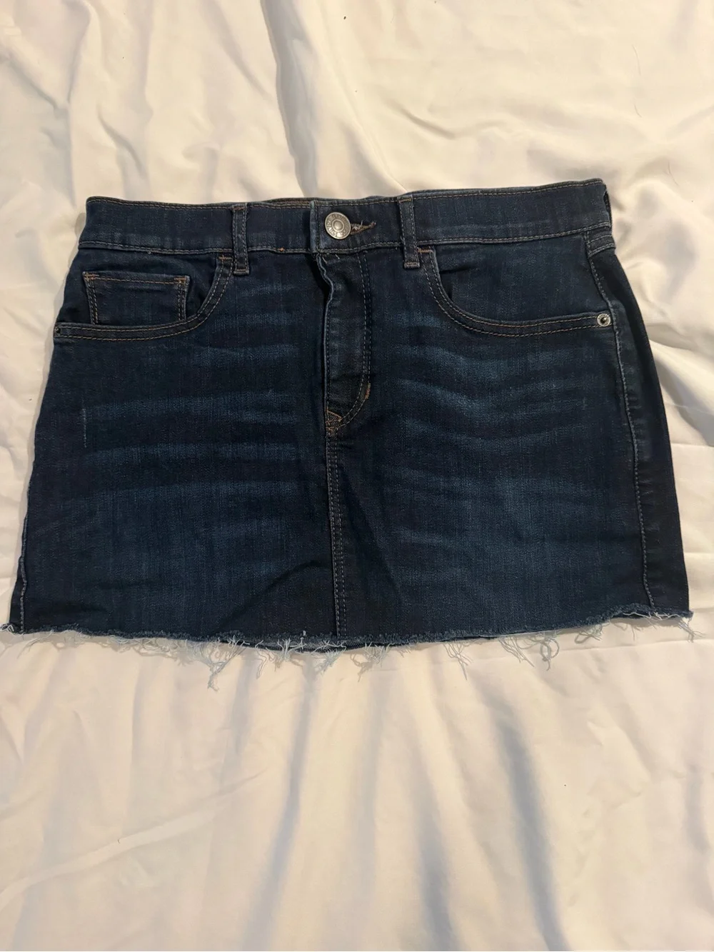 Express Dark Indigo Denim Mini Skirt with Frayed Hem